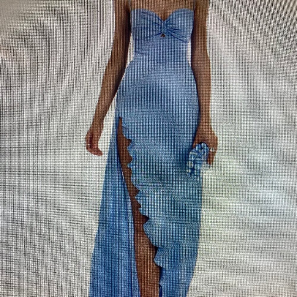 Lucy in the Sky Satin Front Twist Strappy Maxi Dress in Blue. Size S